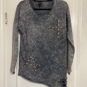 Zarga women's small acid wash asymetric beaded scoop neck with distressed detail